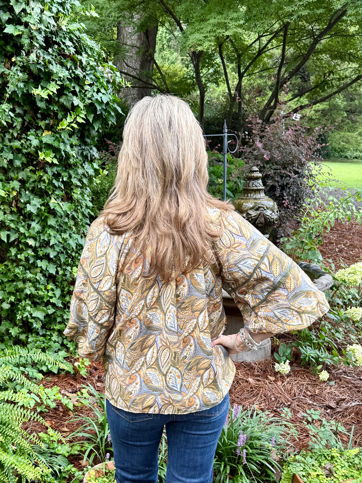 Olive Leaf Print Split V-Neck Blouse | 3/4 Balloon Sleeve Top