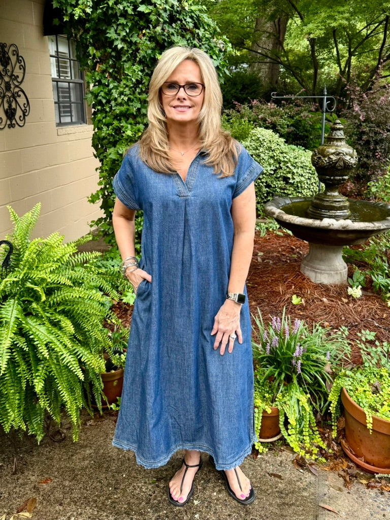 Macy Stone Washed Denim Midi Dress – Loose Flowy Fit