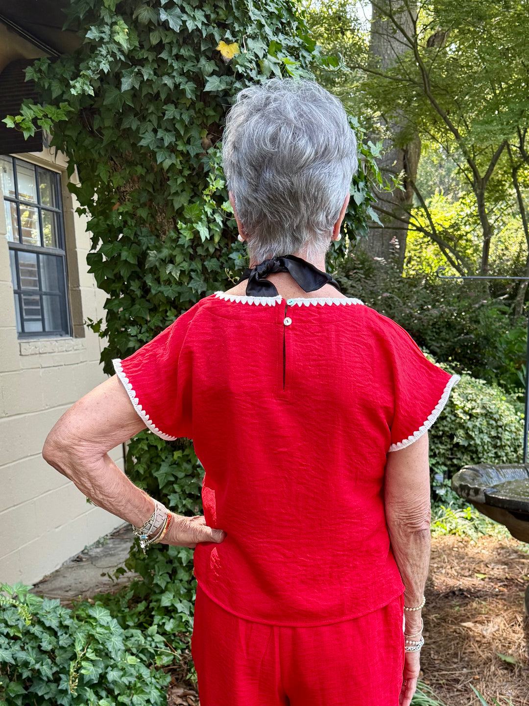 Lillian Short Sleeve Red Top | Drop Shoulder Crinkle Fabric with Scallop Embroidery