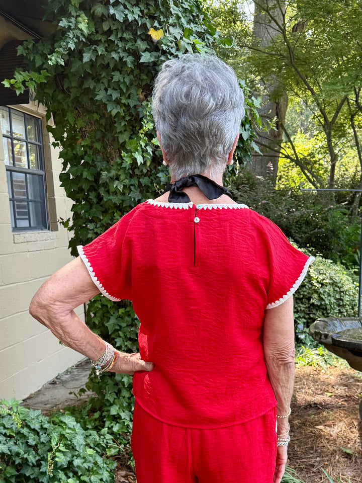 Lillian Short Sleeve Red Top | Drop Shoulder Crinkle Fabric with Scallop Embroidery