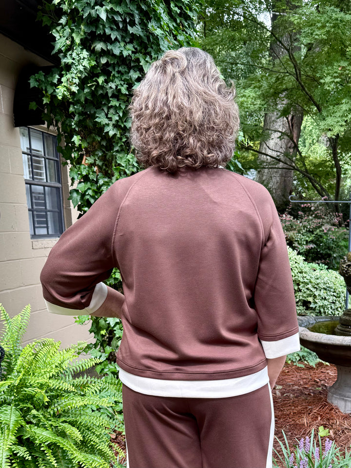 Clara Luxe Knit 3/4 Raglan Sleeve Top – Cocoa Brown & Cream Color Block