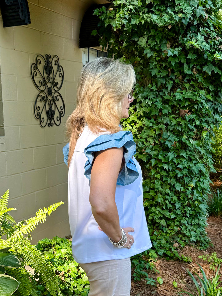 Brittany Short Sleeve Ruffle Top | Denim Accent Boutique Top