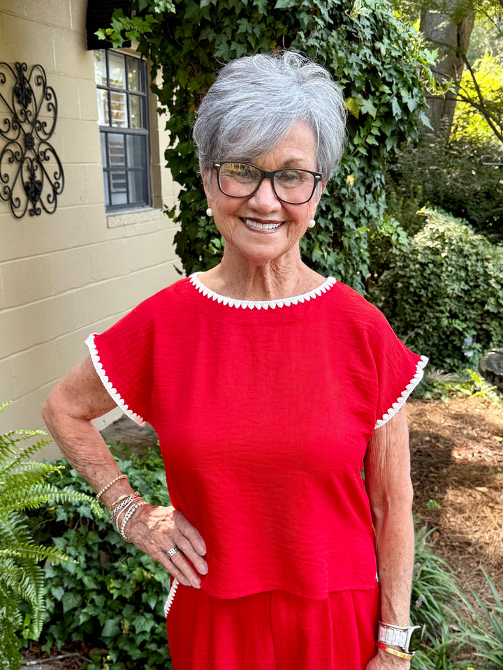 Lillian Short Sleeve Red Top | Drop Shoulder Crinkle Fabric with Scallop Embroidery