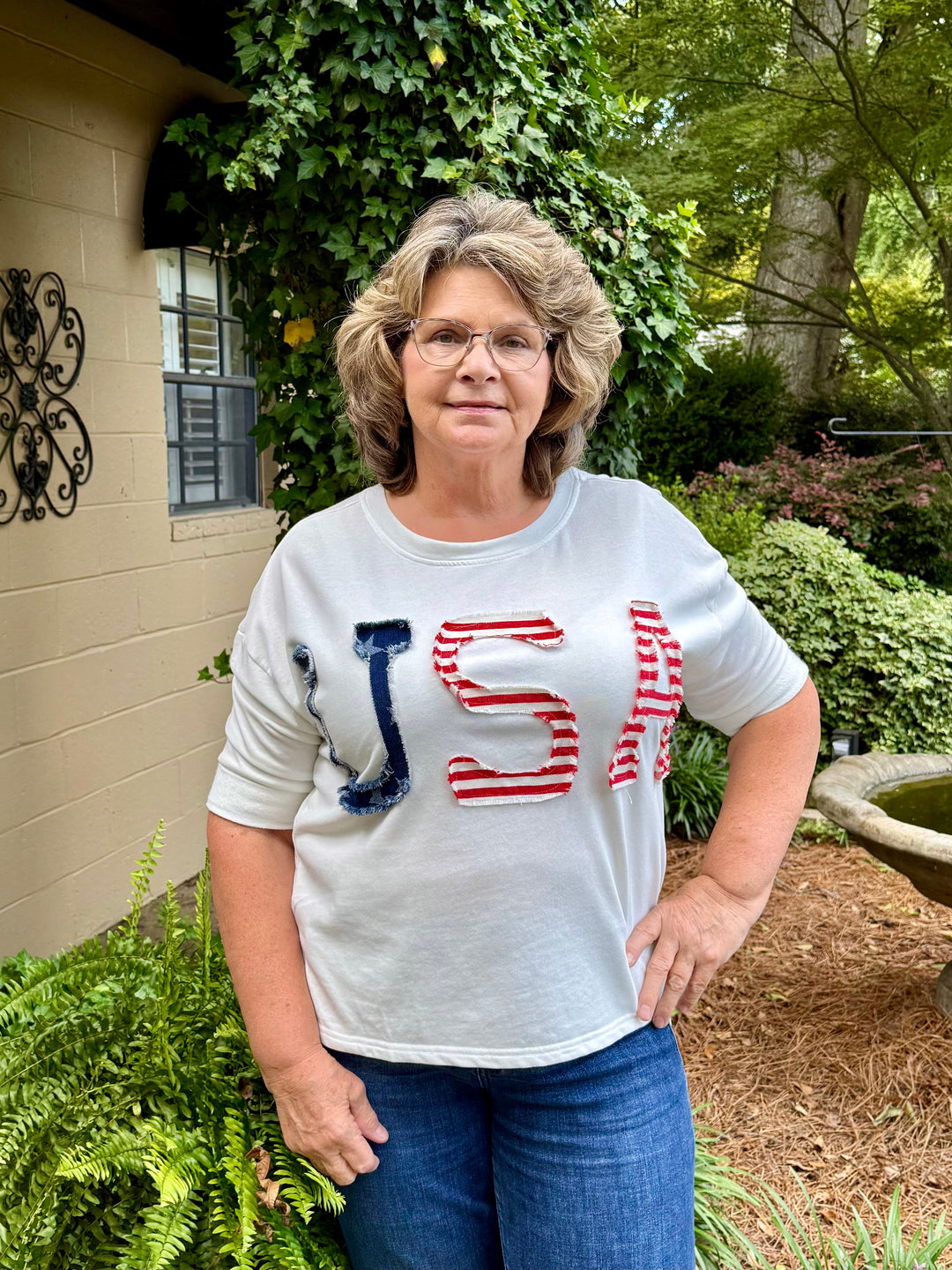 USA Stars & Stripes 3/4 Sleeve Top — Women's Patriotic French Terry Shirt