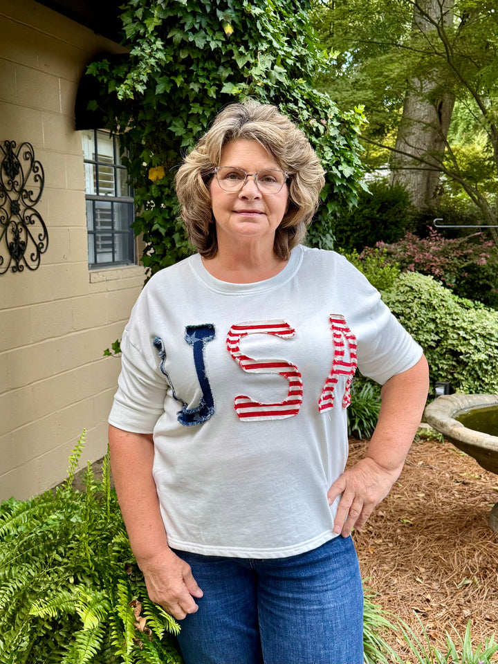 USA Stars & Stripes 3/4 Sleeve Top — Women's Patriotic French Terry Shirt