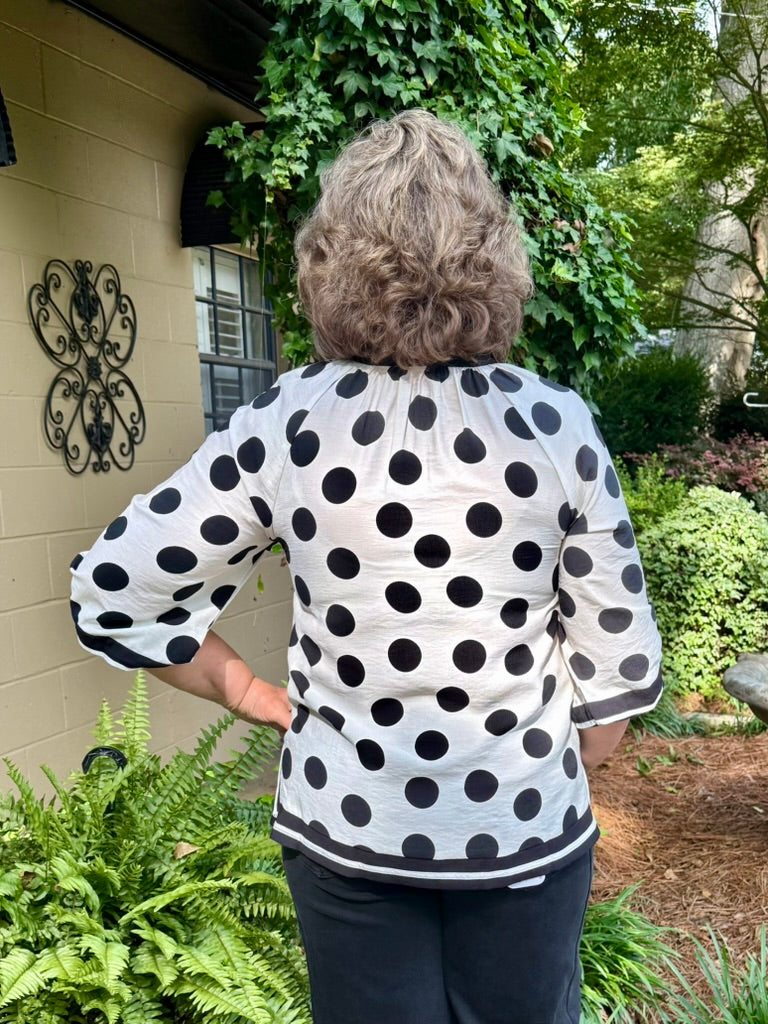 Bobby Polka Dot 3/4 Puff Sleeve Top – Notched V-Neck with Contrast Trim | Black/White