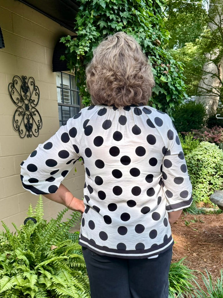 Bobby Polka Dot 3/4 Puff Sleeve Top – Notched V-Neck with Contrast Trim | Black/White