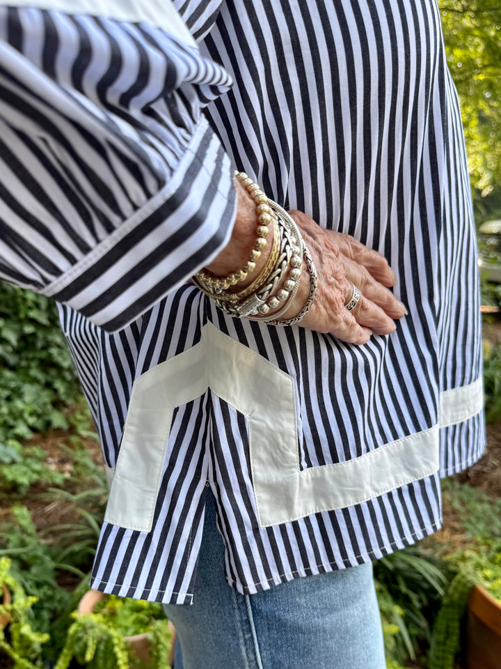 Sherry 3/4 Puff Sleeve Stripe Top | Black & White Cotton V-Neck Blouse