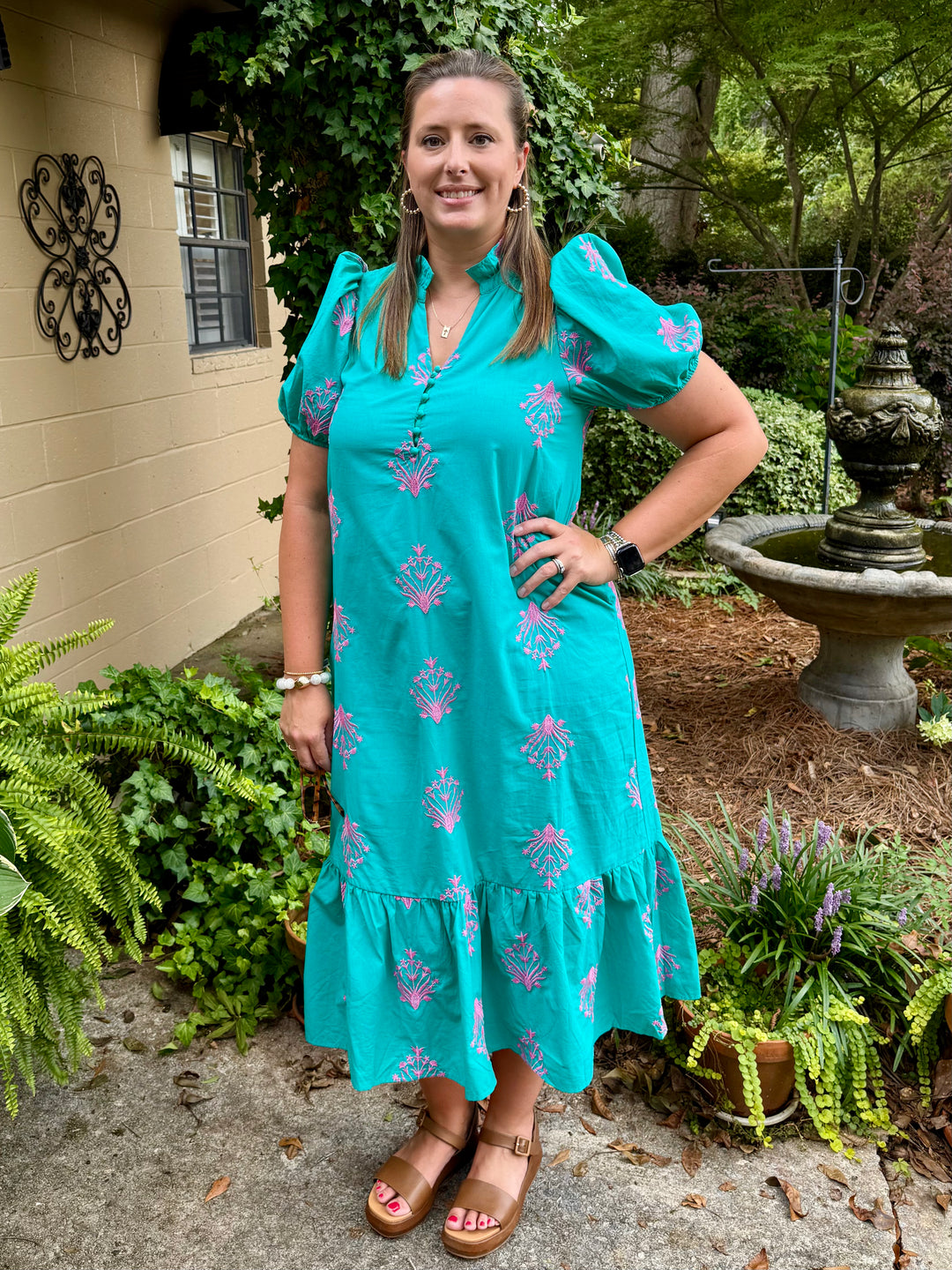 Botanical Embroidery Puff Sleeve Midi Dress