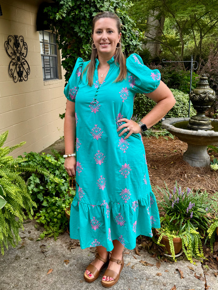 Botanical Embroidery Puff Sleeve Midi Dress