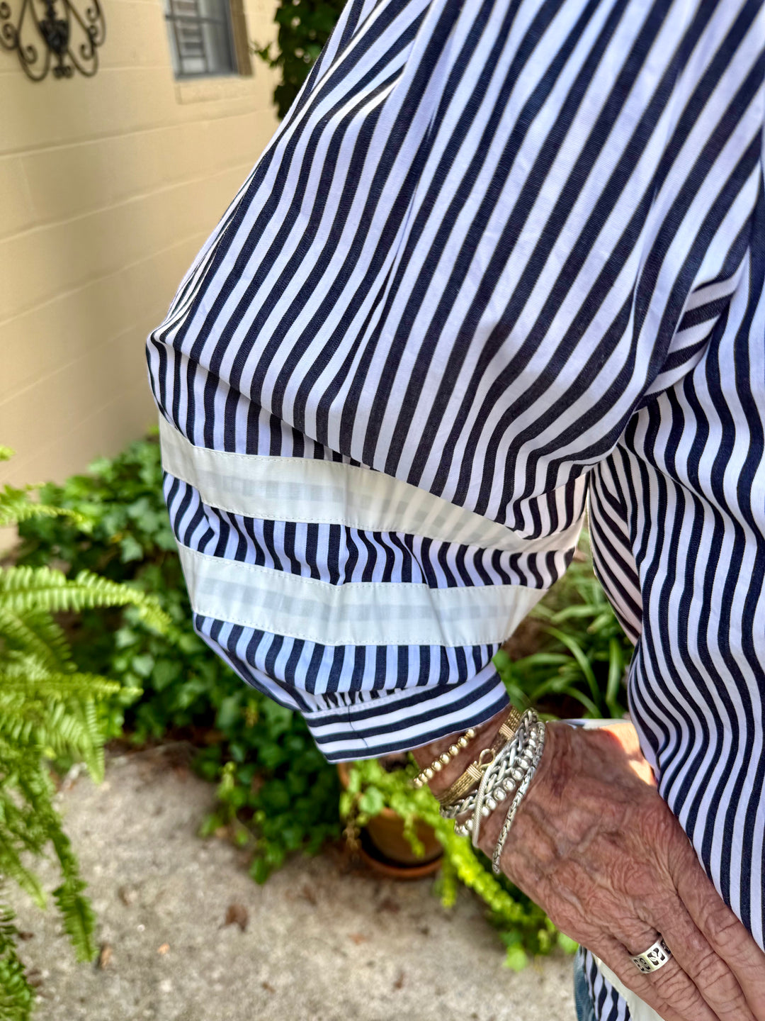 Sherry 3/4 Puff Sleeve Stripe Top | Black & White Cotton V-Neck Blouse
