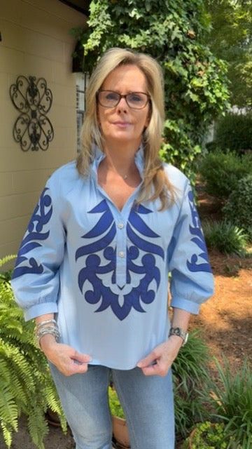 Emma 3/4 Sleeve Baroque Appliqué Top – Light Blue
