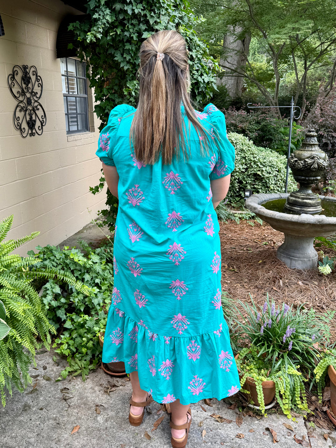 Botanical Embroidery Puff Sleeve Midi Dress