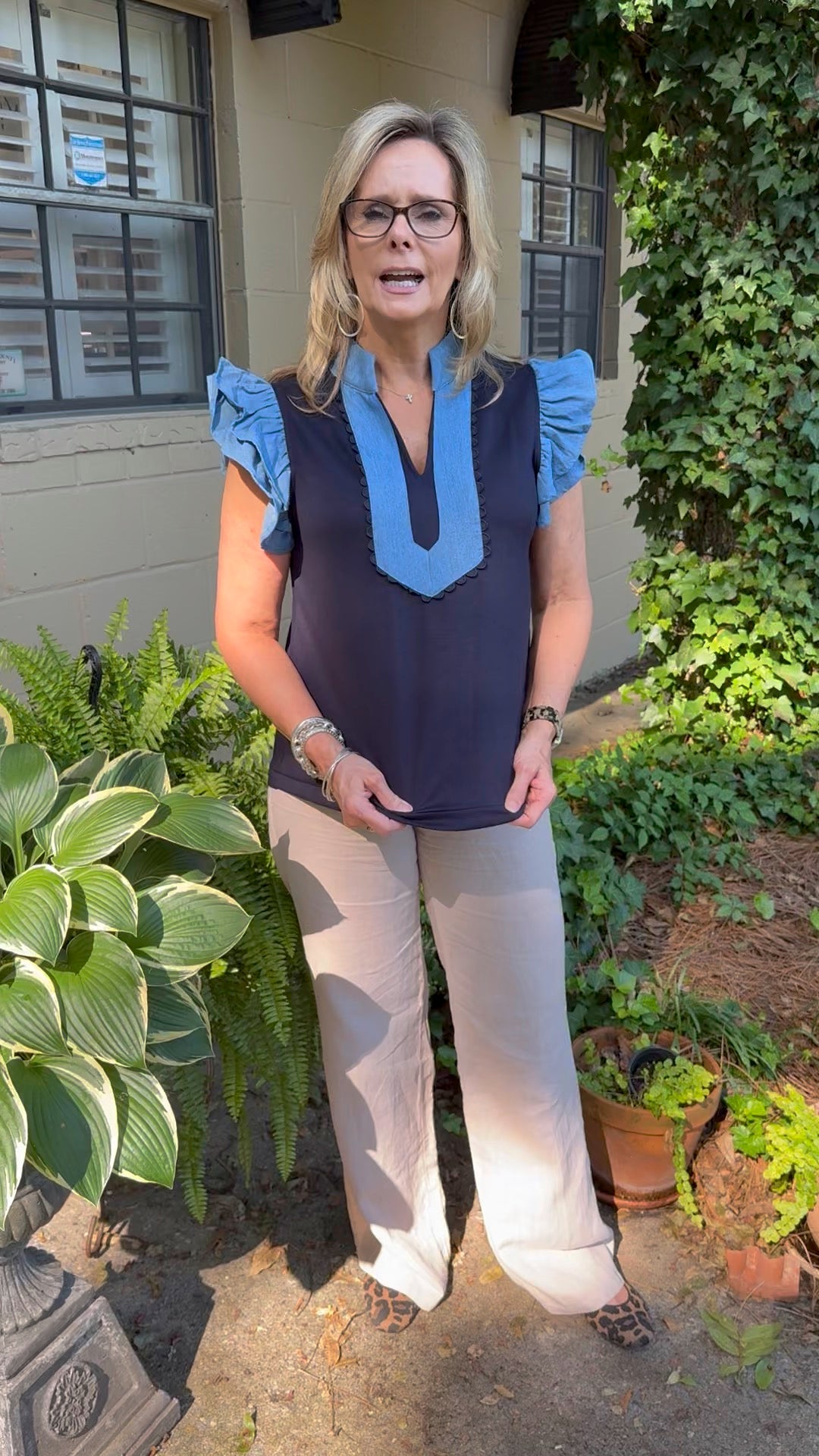 Brittany Short Sleeve Ruffle Top | Denim Accent Boutique Top
