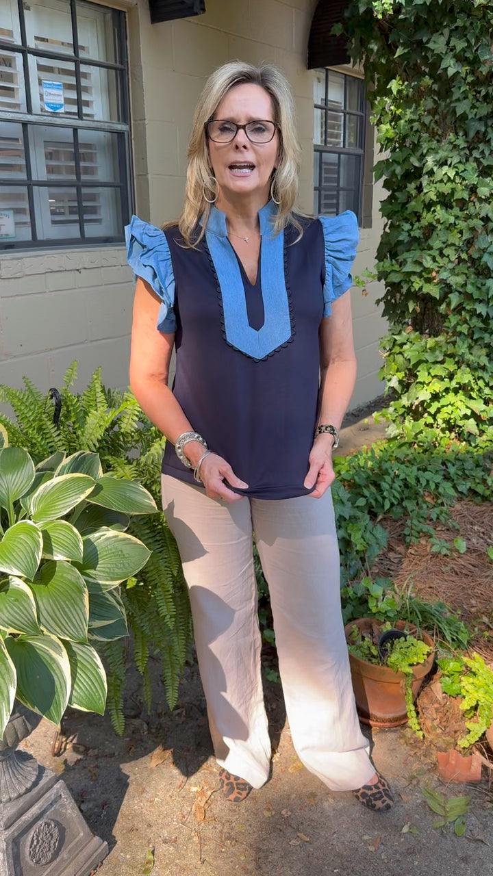 Brittany Short Sleeve Ruffle Top | Denim Accent Boutique Top