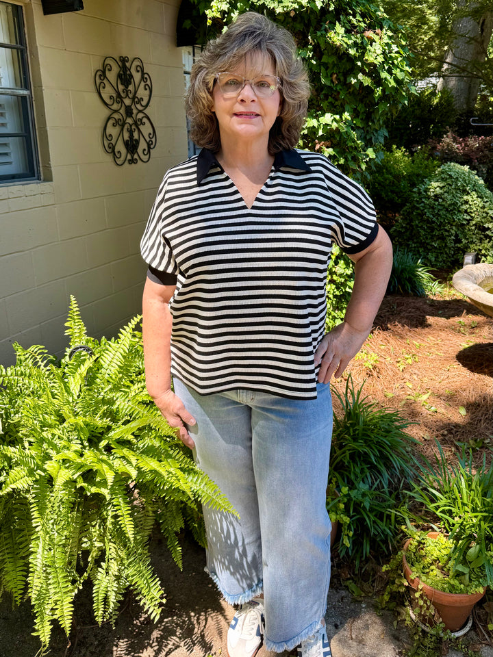 Sally V-Neck Short Sleeve Stripe Top