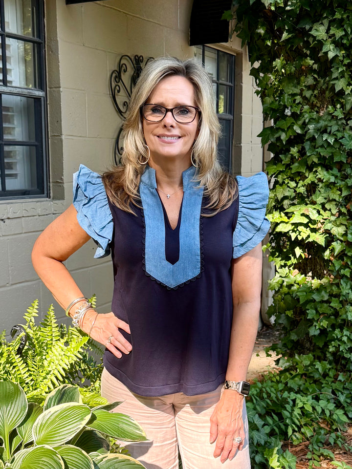 Brittany Short Sleeve Ruffle Top | Denim Accent Boutique Top