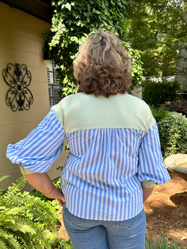 Margie Stripe Mix Match Button Down Top – 100% Cotton Puff Sleeve | Blue/Pink