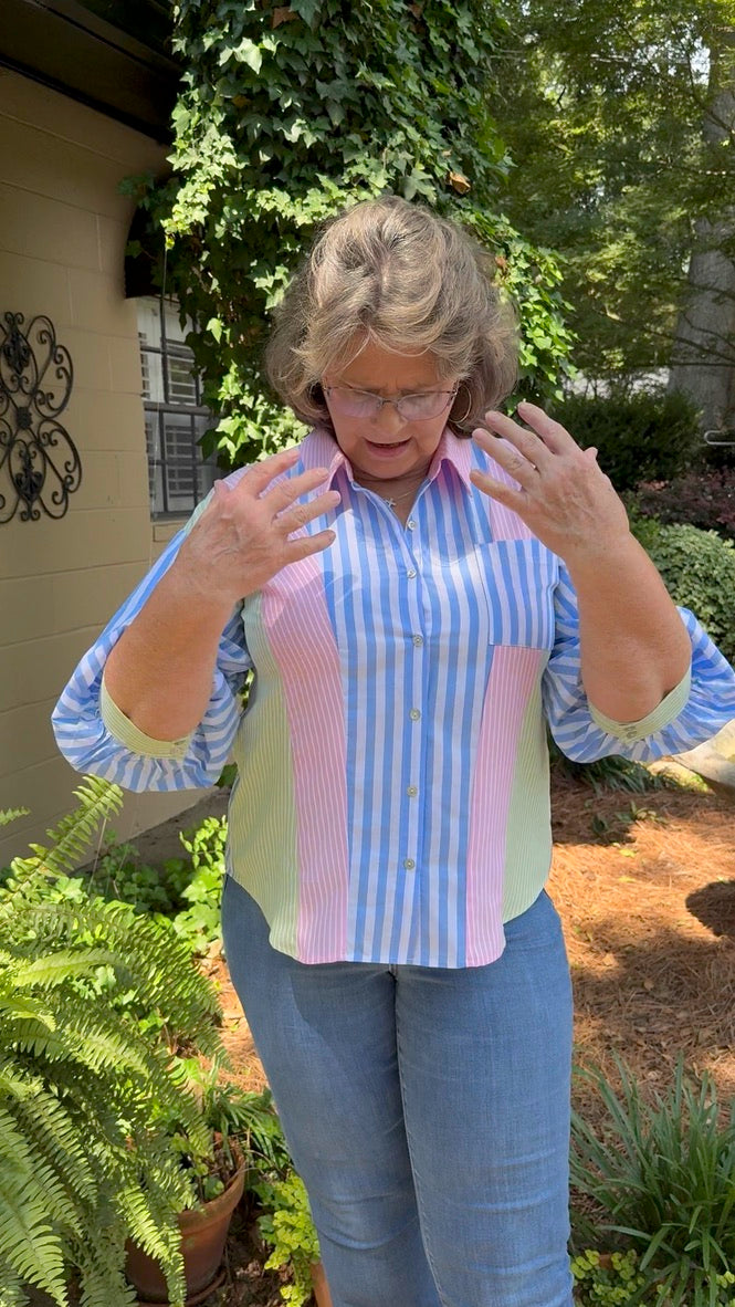 Margie Stripe Mix Match Button Down Top – 100% Cotton Puff Sleeve | Blue/Pink