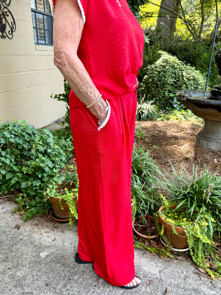 Lillian Belted Wide Leg Slacks in Red
