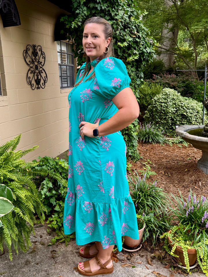 Botanical Embroidery Puff Sleeve Midi Dress