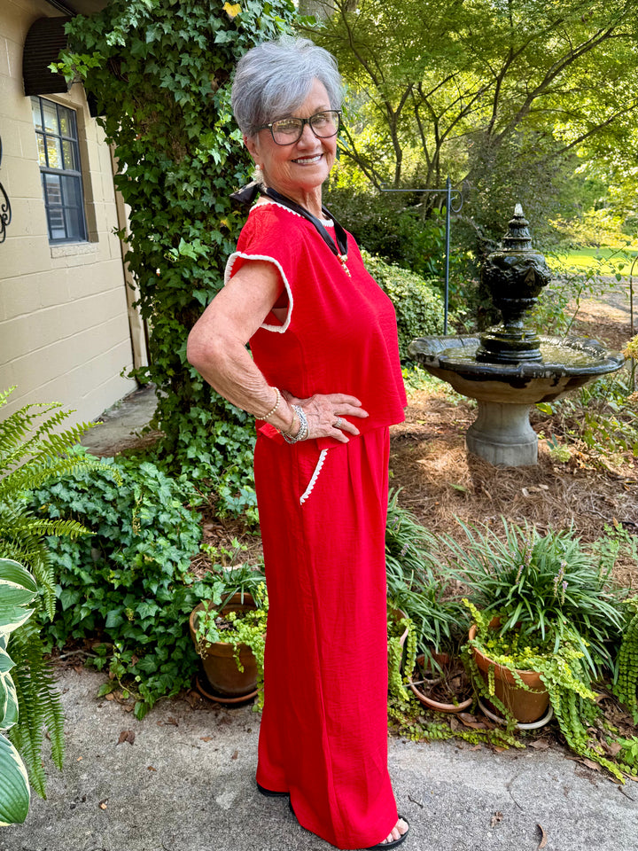 Lillian Short Sleeve Red Top | Drop Shoulder Crinkle Fabric with Scallop Embroidery