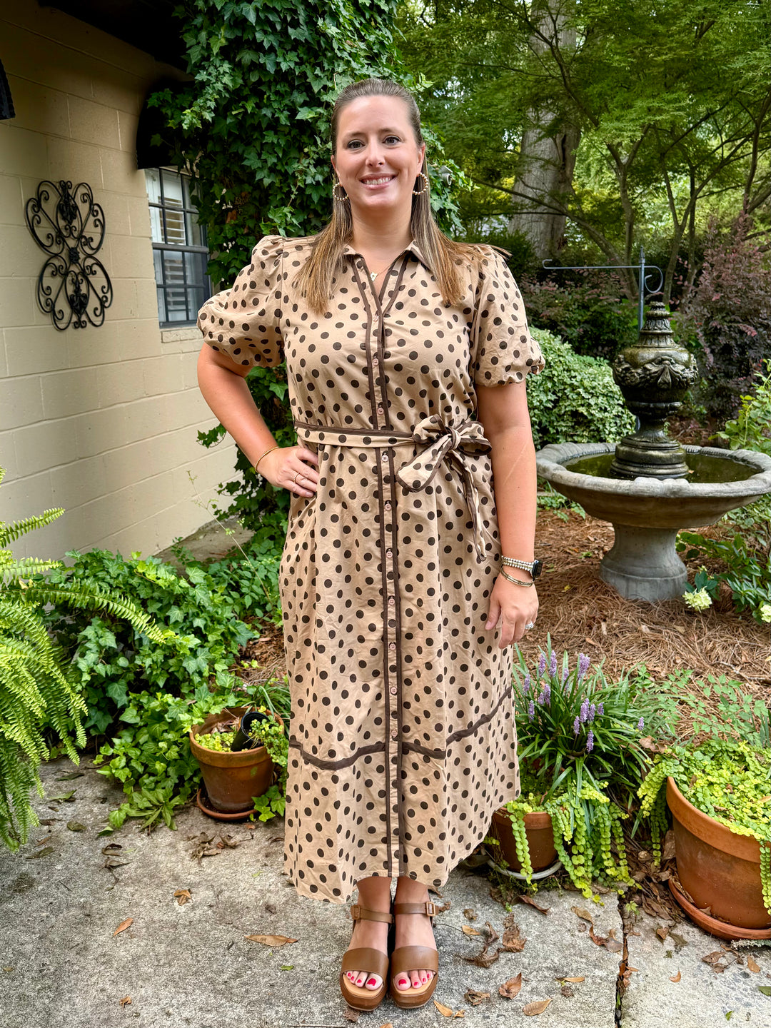 Polka Dot Puff Sleeve Midi Dress