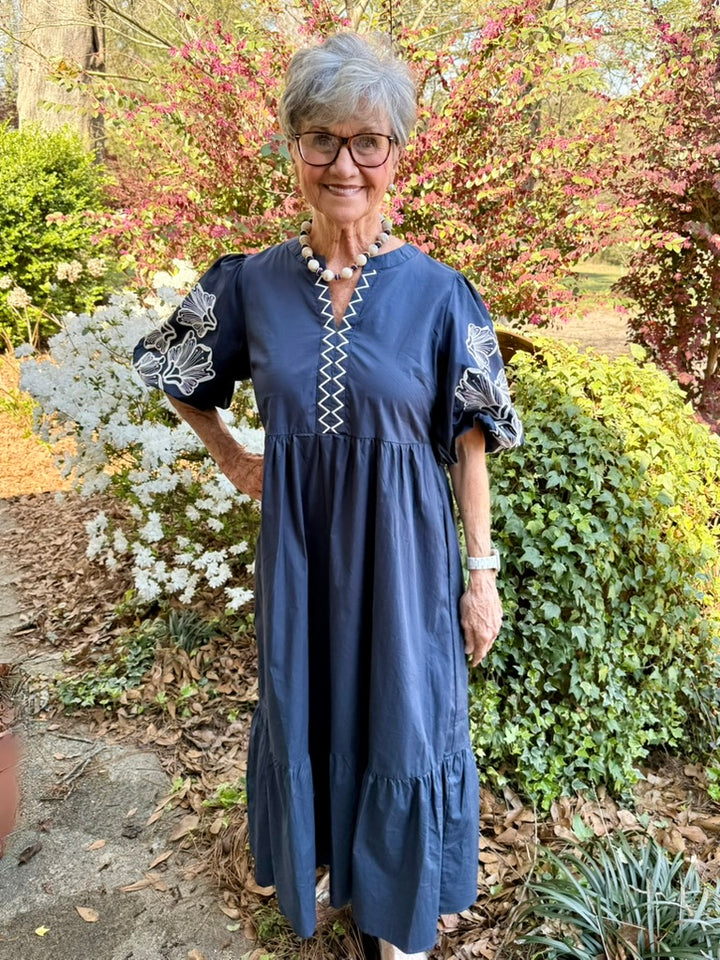 Holly Embroidered Midi Dress - Women's Navy Puff Sleeve V-Neck Dress