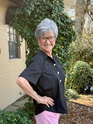 Gracelynn Short Sleeve Top - Black Collared Blouse with Gold Buttons