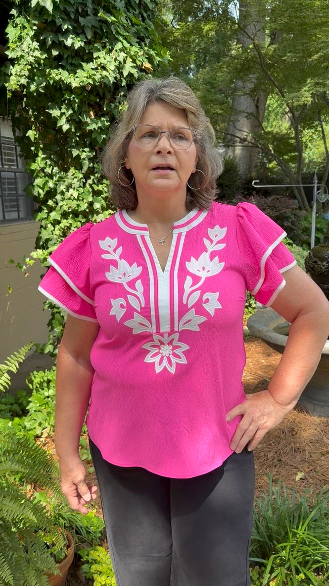 Angie Short Flutter Sleeve Top – Floral Appliqué Crinkle Blouse