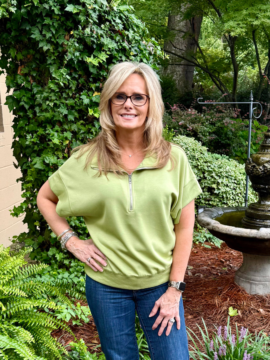 Cassie Half-Zip V-Neck Top | Casual Short Sleeve Scuba Knit
