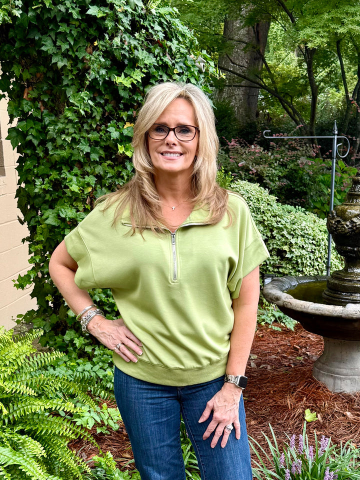 Cassie Half-Zip V-Neck Top | Casual Short Sleeve Scuba Knit