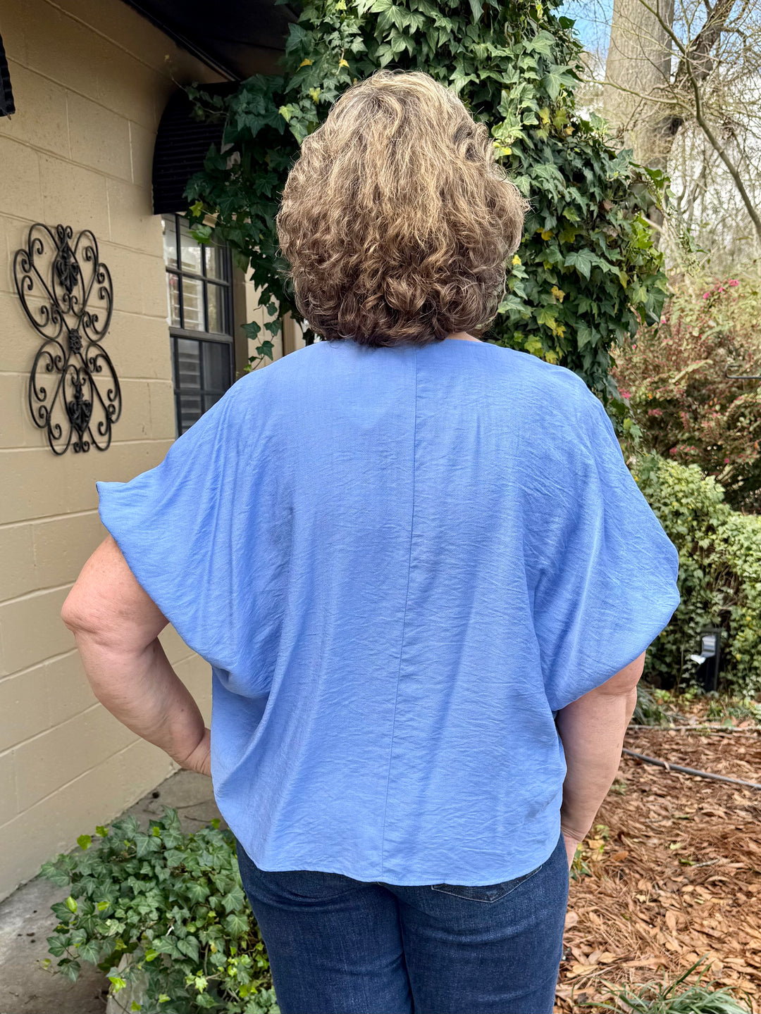 Rosie Short Sleeve Top - Chambray Blue Dolman Sleeve V-Neck Blouse