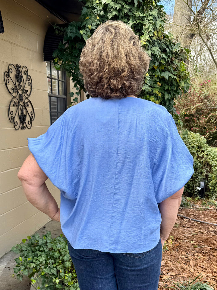Rosie Short Sleeve Top - Chambray Blue Dolman Sleeve V-Neck Blouse