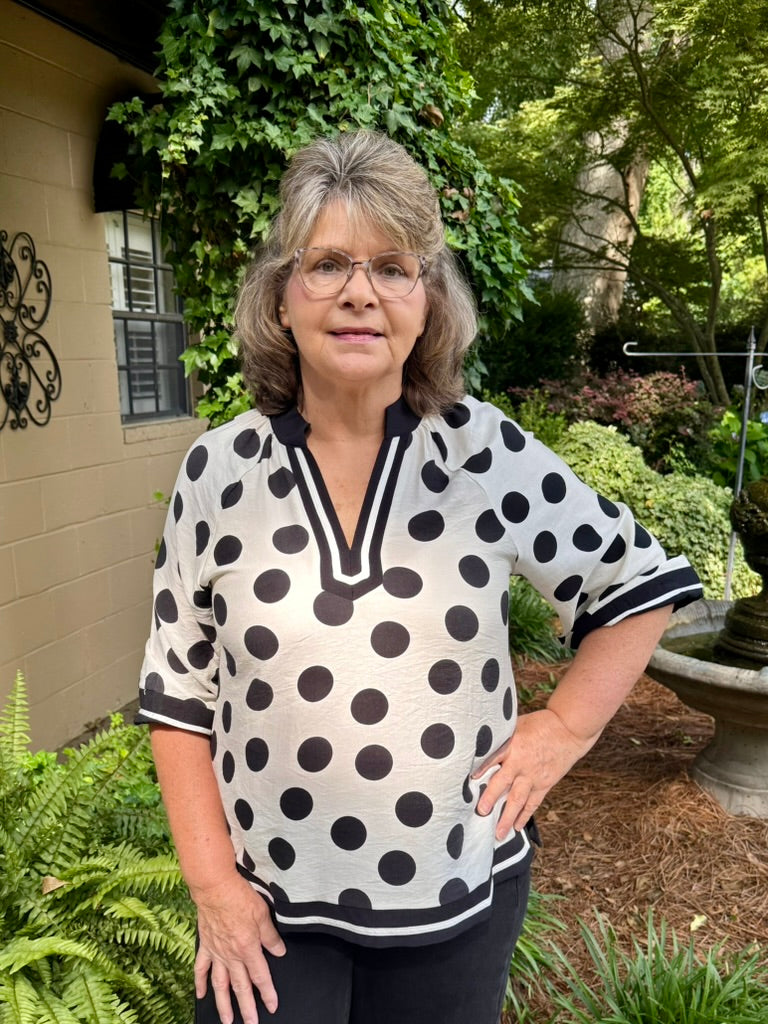 Bobby Polka Dot 3/4 Puff Sleeve Top – Notched V-Neck with Contrast Trim | Black/White