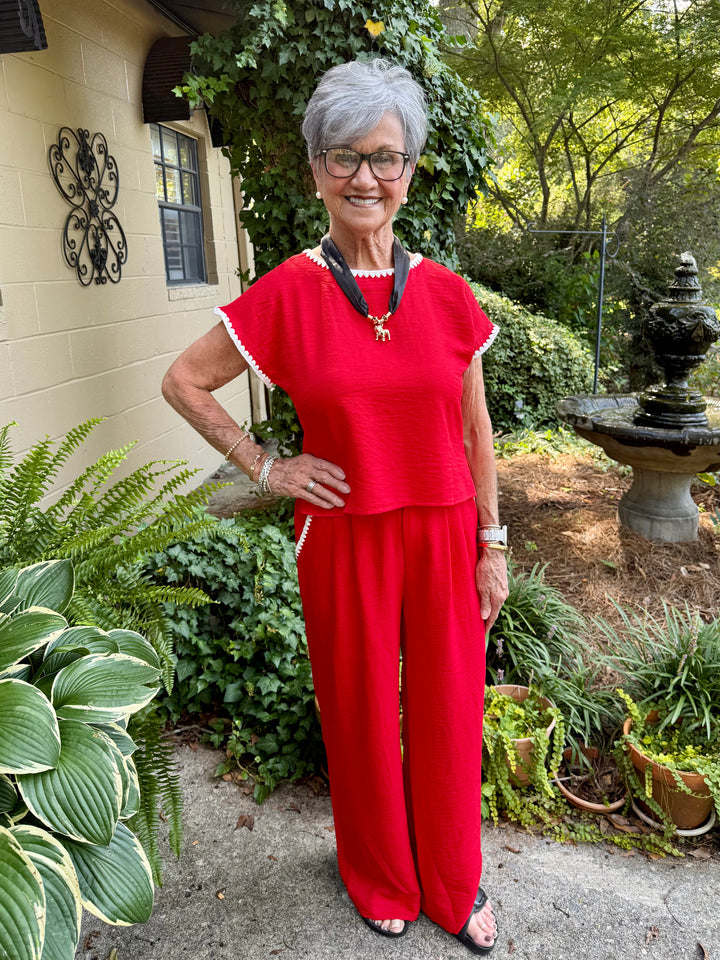 Lillian Short Sleeve Red Top | Drop Shoulder Crinkle Fabric with Scallop Embroidery