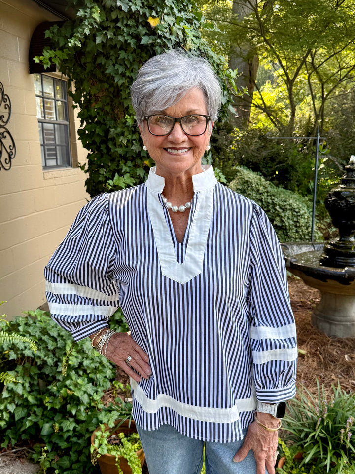 Sherry 3/4 Puff Sleeve Stripe Top | Black & White Cotton V-Neck Blouse