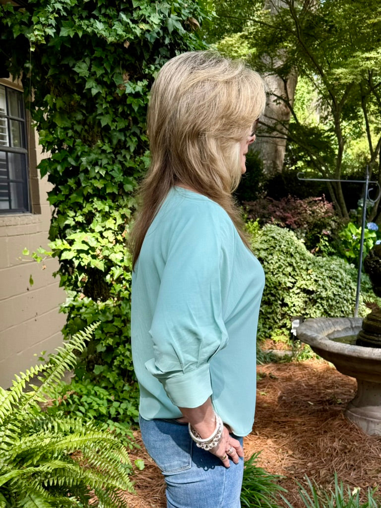 Gwen 3/4 Sleeve Top - Mint Round Neck Blouse