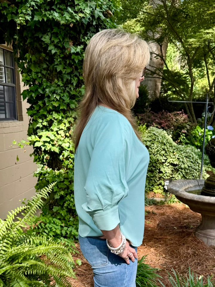Gwen 3/4 Sleeve Top - Mint Round Neck Blouse