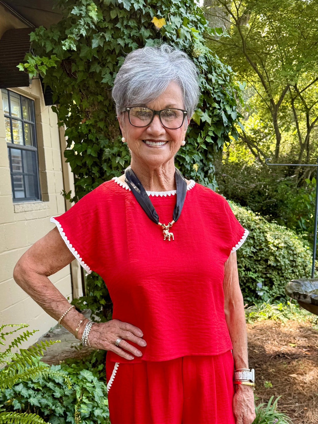 Lillian Short Sleeve Red Top | Drop Shoulder Crinkle Fabric with Scallop Embroidery