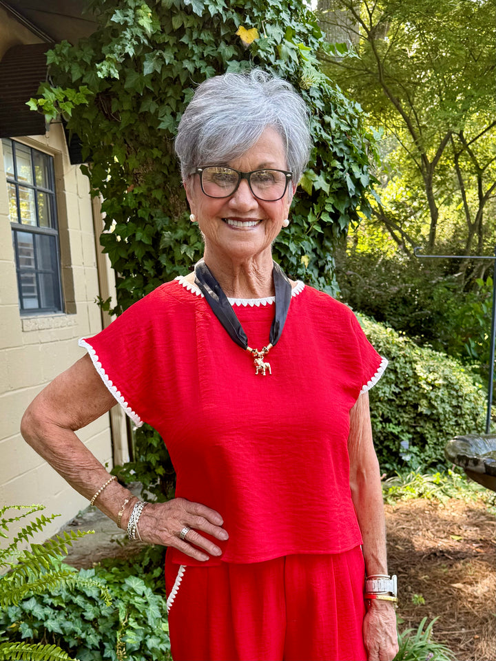 Lillian Short Sleeve Red Top | Drop Shoulder Crinkle Fabric with Scallop Embroidery