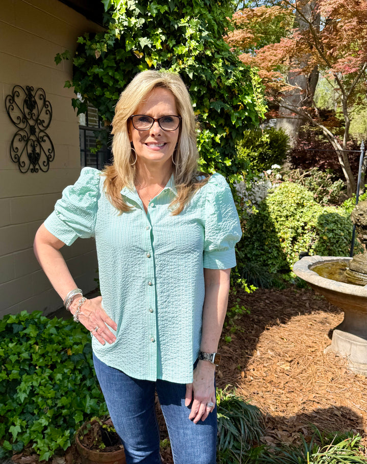 Tina Short Puff Sleeve Button-Down Stripe Top