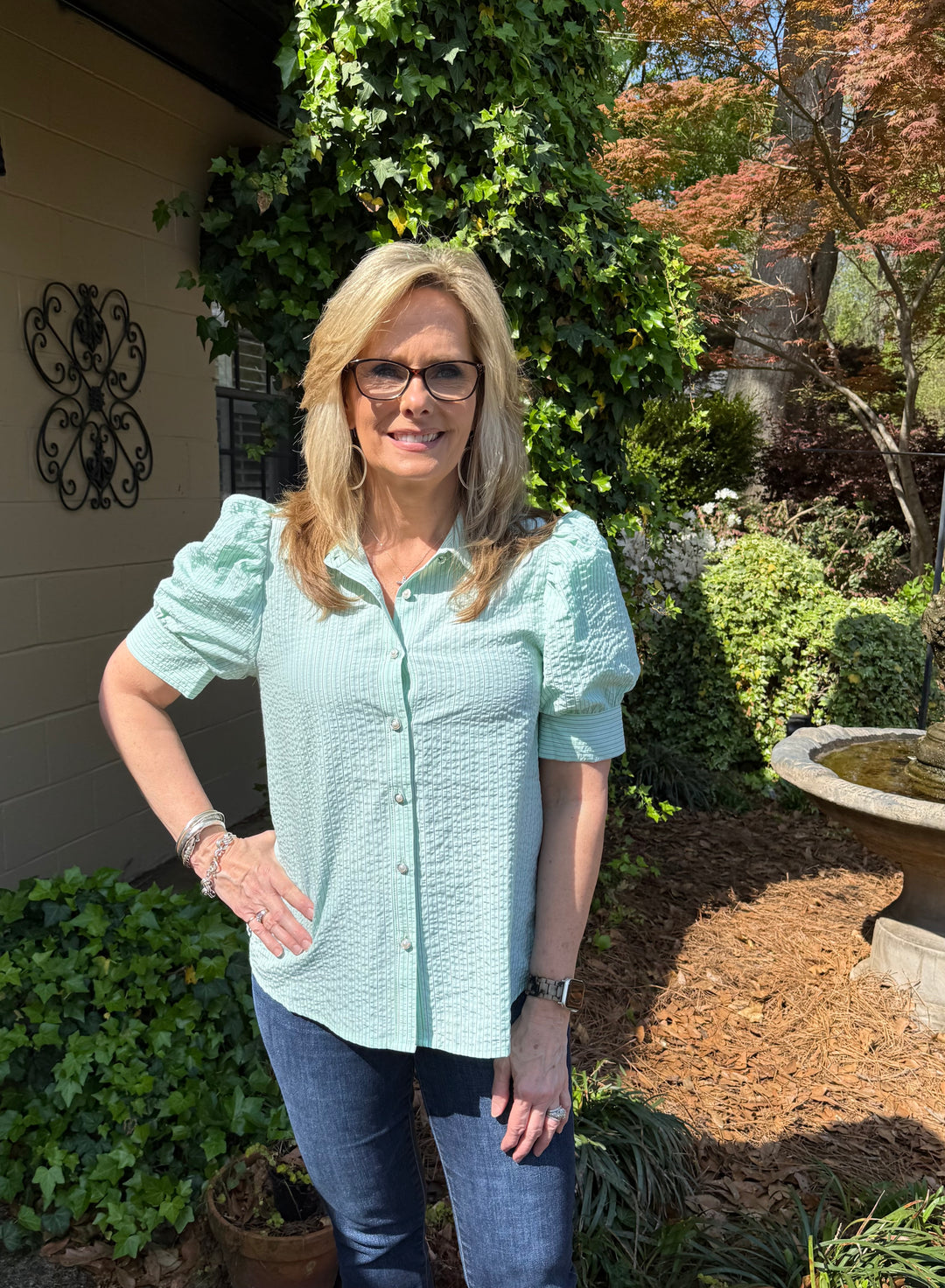 Tina Short Puff Sleeve Button-Down Stripe Top
