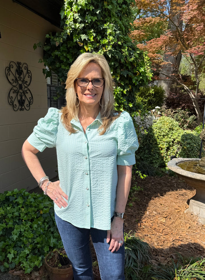 Tina Short Puff Sleeve Button-Down Stripe Top