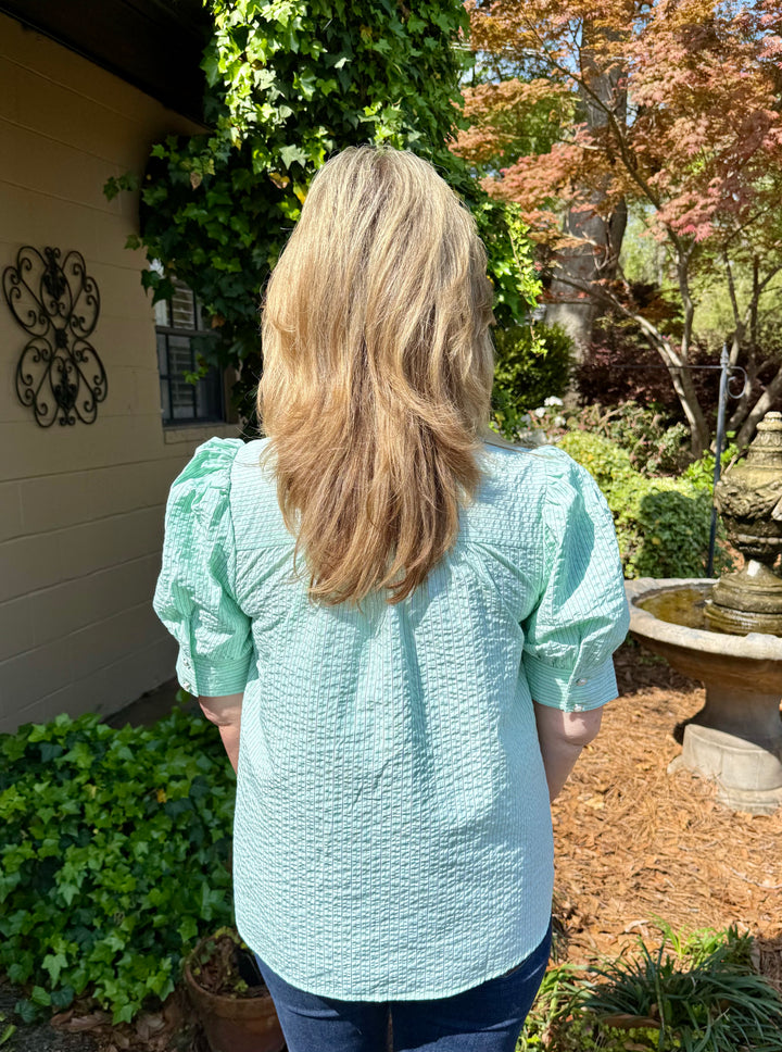 Tina Short Puff Sleeve Button-Down Stripe Top