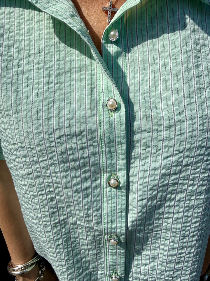 Tina Short Puff Sleeve Button-Down Stripe Top
