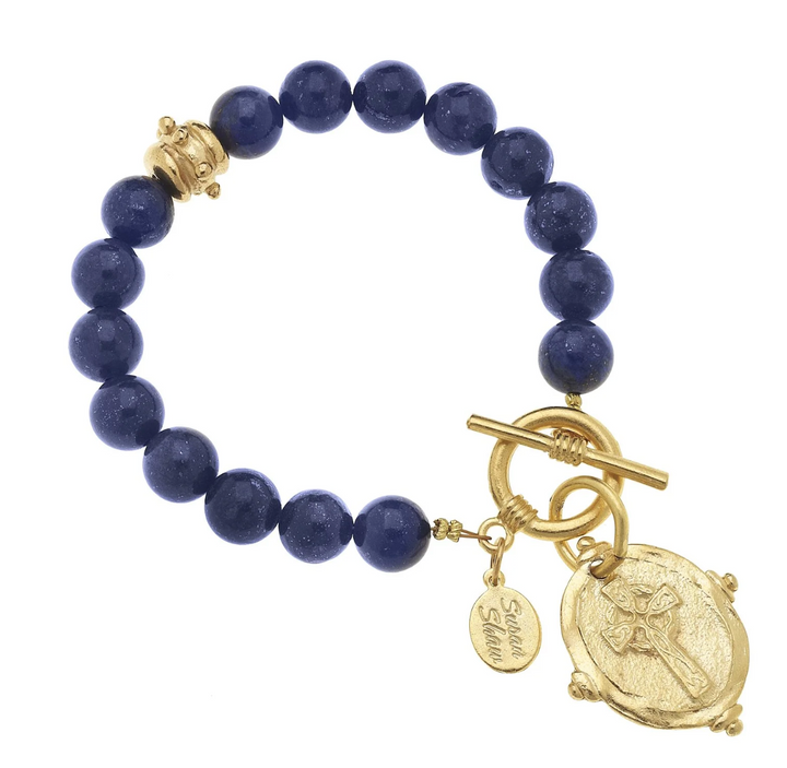 Susan Shaw Gold Cross Blue Lapis Toggle Bracelet - Handmade Stone Bracelet