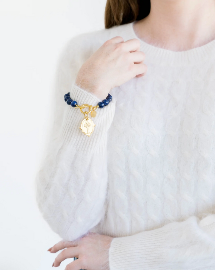 Susan Shaw Gold Cross Blue Lapis Toggle Bracelet - Handmade Stone Bracelet
