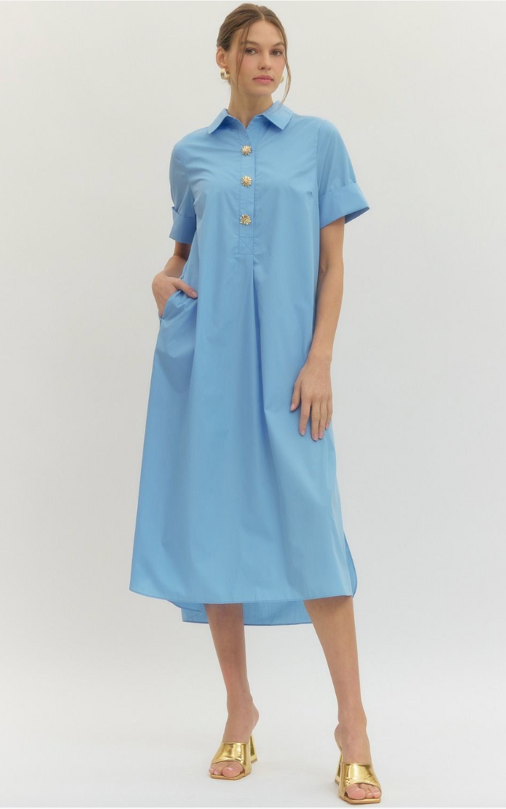 Mona Short Sleeve Midi Dress - Blue Shirt Dress with Pockets