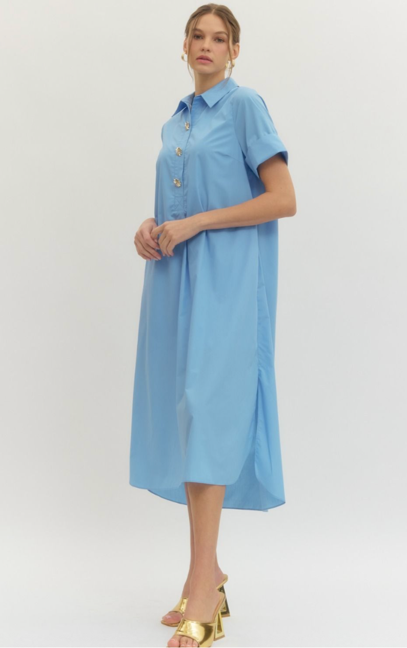 Mona Short Sleeve Midi Dress - Blue Shirt Dress with Pockets